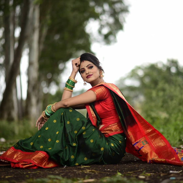 Prettiest Green Paithani Silk Saree With Ethnic Blouse Piece - Shop authentic Indian Women's Fashion by Silk Folks