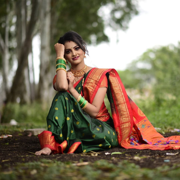 Glorious Green Paithani Silk Saree With Ethnic Blouse Piece