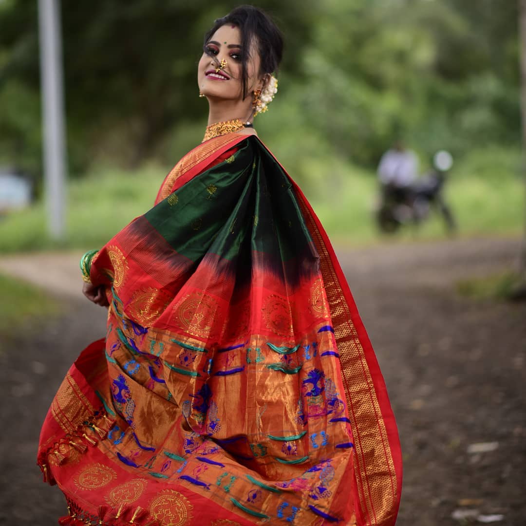 Prettiest Green Paithani Silk Saree With Ethnic Blouse Piece - Shop authentic Indian Women's Fashion by Silk Folks