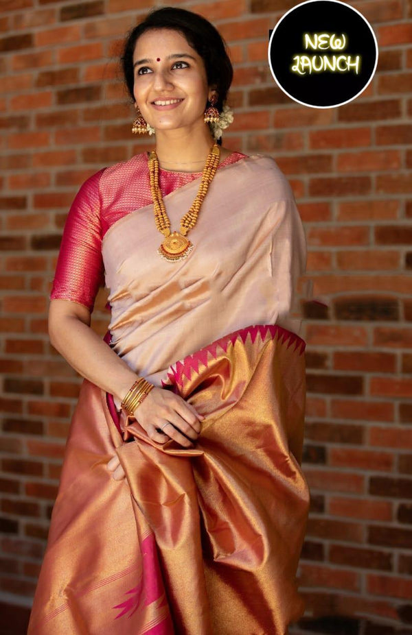 Fantabulous Beige Soft Silk Saree With Snazzy Blouse Piece