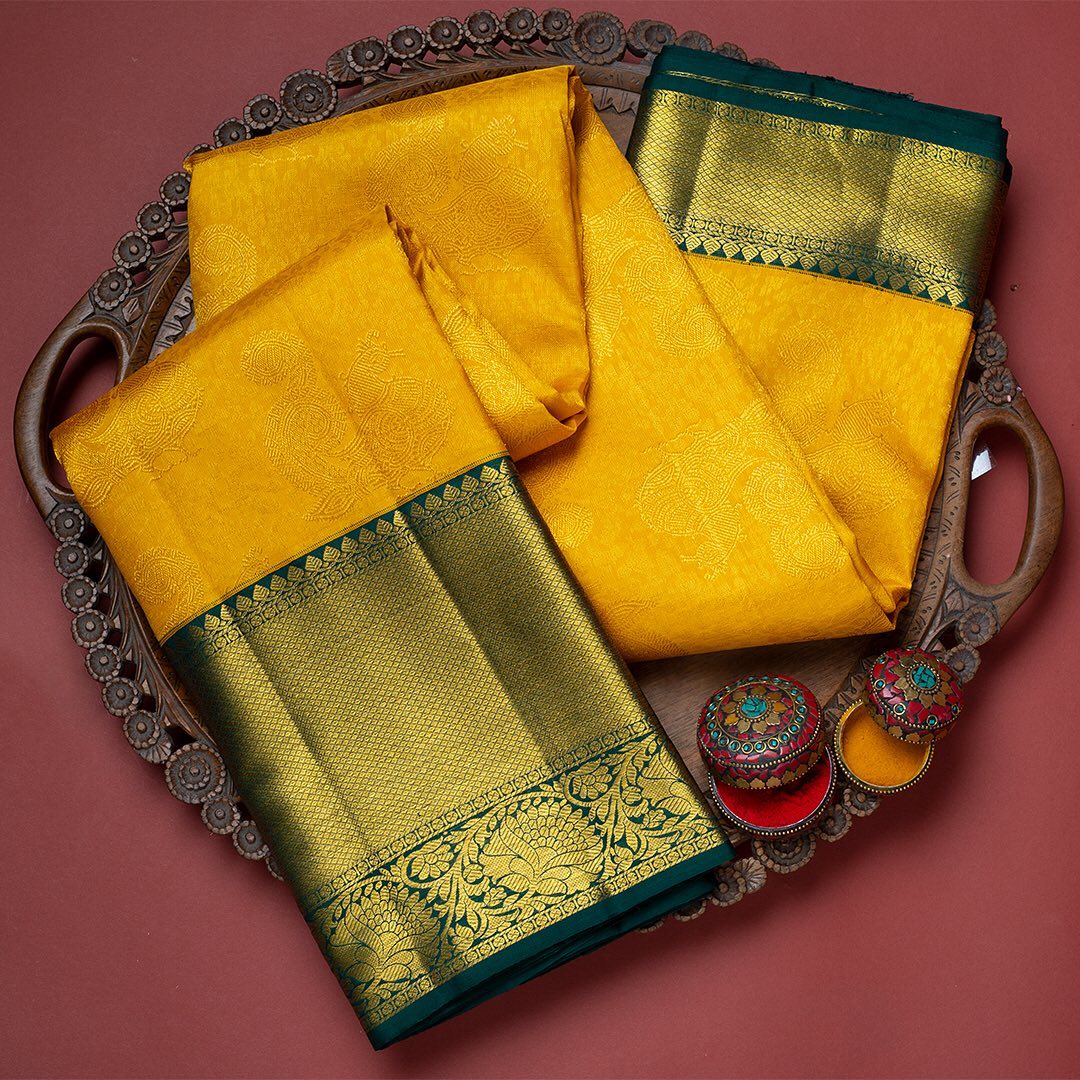 Incredible Yellow Soft Banarasi Silk Saree With Flattering Two Blouse  - Shop authentic Indian Women's Fashion by Silk Folks
