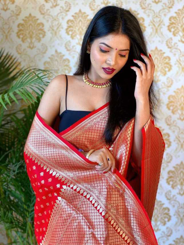 Gratifying Red Soft Banarasi Silk Saree With Glowing Blouse Piece
