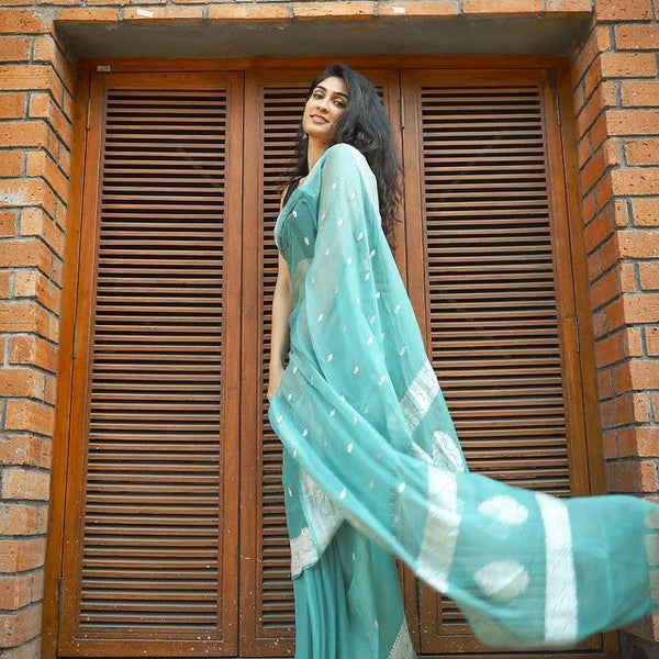 Arresting Firozi Soft Silk Saree With Brood Blouse Piece - Shop authentic Indian Women's Fashion by Silk Folks