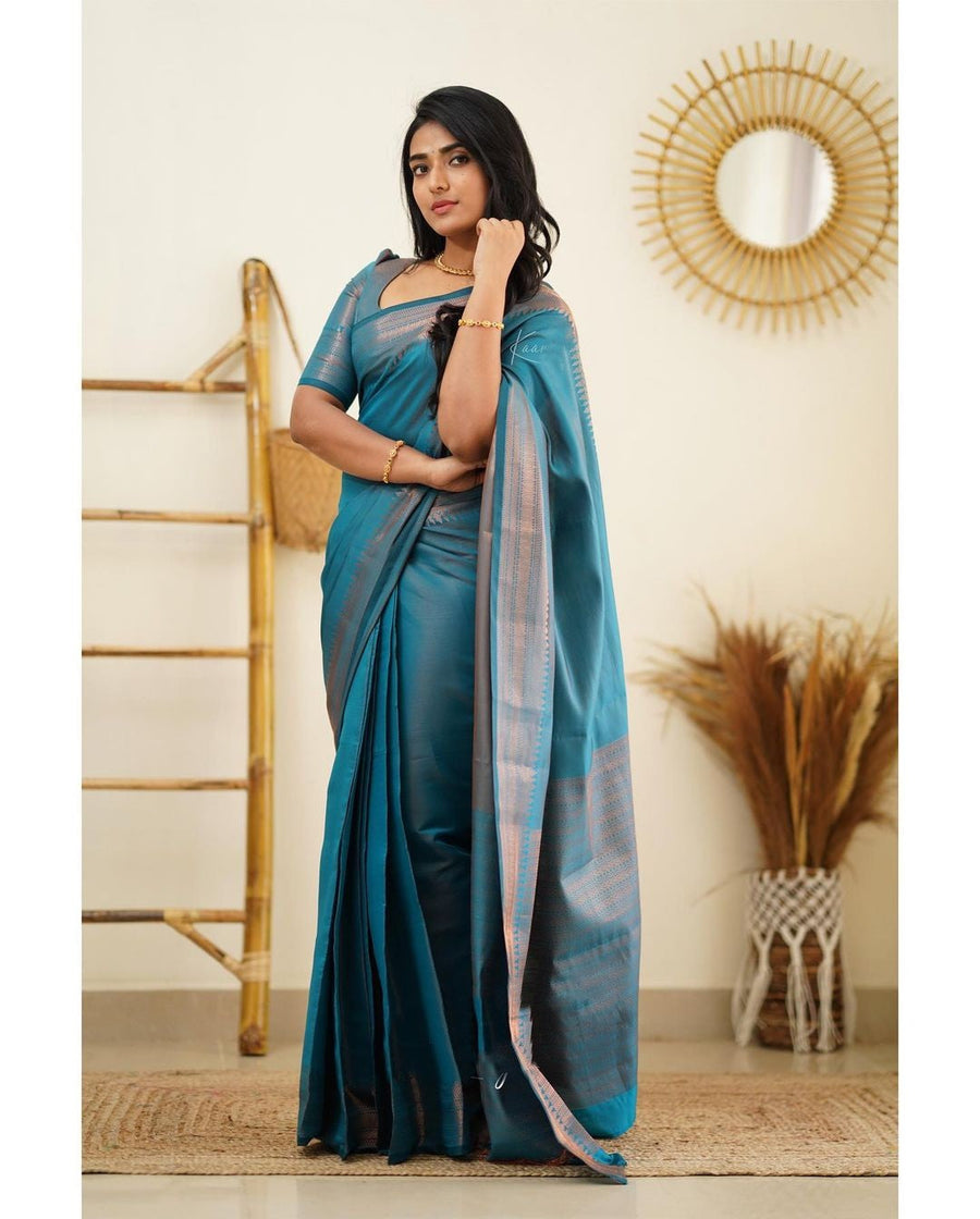 Luxuriant Firozi Soft Silk Saree With Elaborate Blouse Piece - Shop authentic Indian Women's Fashion by Silk Folks