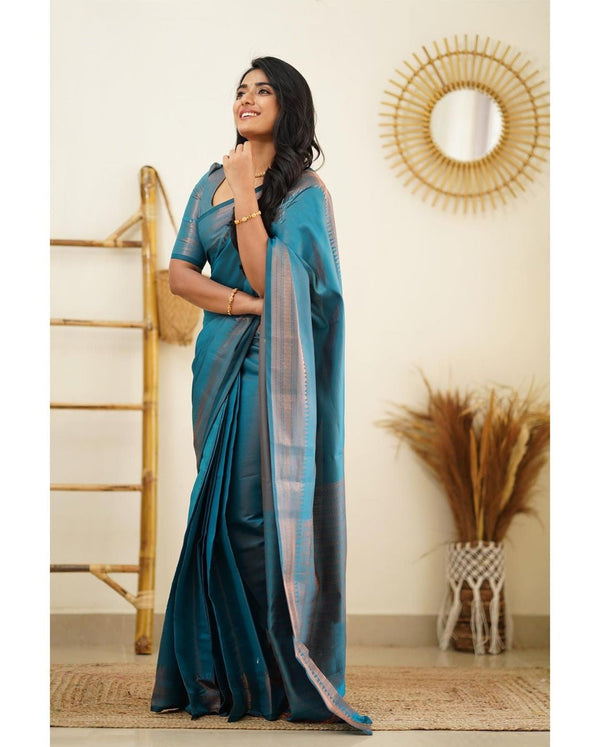 Luxuriant Firozi Soft Silk Saree With Elaborate Blouse Piece - Shop authentic Indian Women's Fashion by Silk Folks