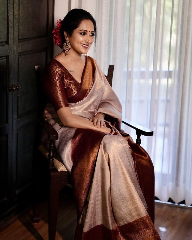 Traditional Beige Soft Silk Saree with Lissome Blouse Piece - Shop authentic Indian Women's Fashion by Silk Folks