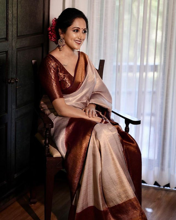 Traditional Beige Soft Silk Saree with Lissome Blouse Piece - Shop authentic Indian Women's Fashion by Silk Folks