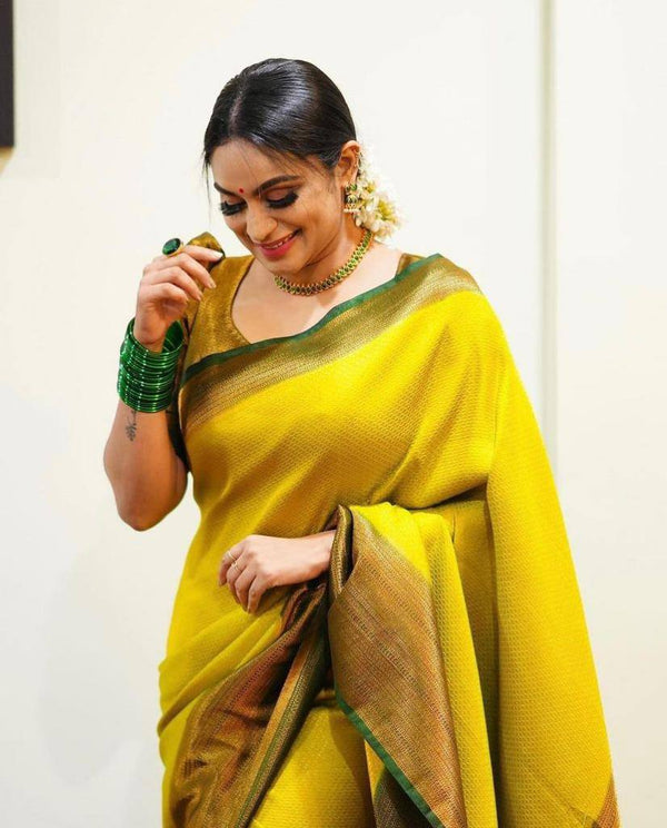 Wonderful Yellow Soft Banarasi Silk Saree With Girlish Blouse Piece - Shop authentic Indian Women's Fashion by Silk Folks