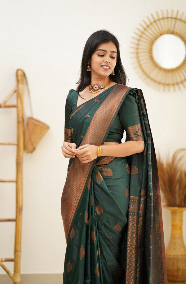 Attractive Dark Green Soft Silk Saree With Refreshing Blouse Piece - Shop authentic Indian Women's Fashion by Silk Folks