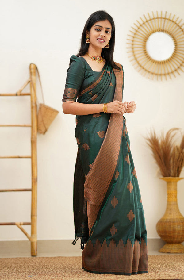 Attractive Dark Green Soft Silk Saree With Refreshing Blouse Piece - Shop authentic Indian Women's Fashion by Silk Folks
