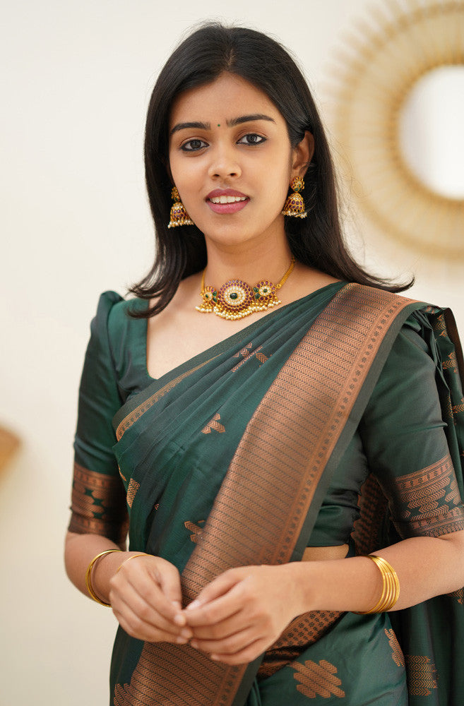 Attractive Dark Green Soft Silk Saree With Refreshing Blouse Piece - Shop authentic Indian Women's Fashion by Silk Folks