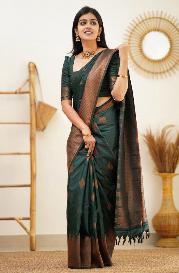 Attractive Dark Green Soft Silk Saree With Refreshing Blouse Piece - Shop authentic Indian Women's Fashion by Silk Folks