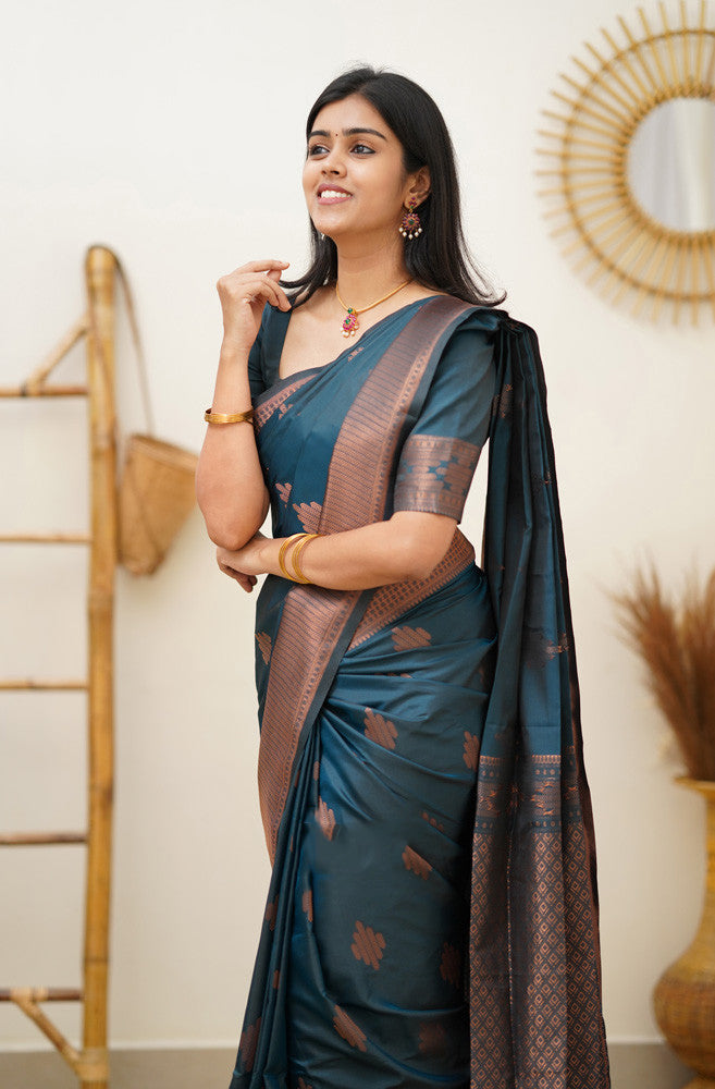 Prominent Rama Soft Silk Saree With Blissful Blouse Piece - Shop authentic Indian Women's Fashion by Silk Folks