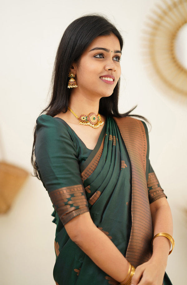 Attractive Dark Green Soft Silk Saree With Refreshing Blouse Piece - Shop authentic Indian Women's Fashion by Silk Folks