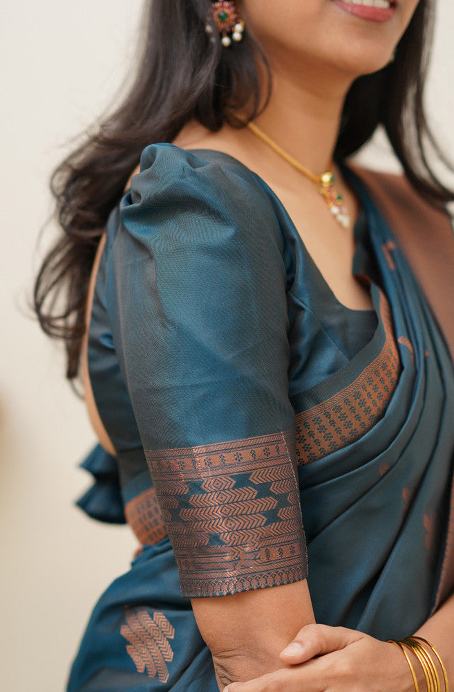 Beleaguer Rama Soft Silk Saree With Dissemble Blouse Piece - Shop authentic Indian Women's Fashion by Silk Folks