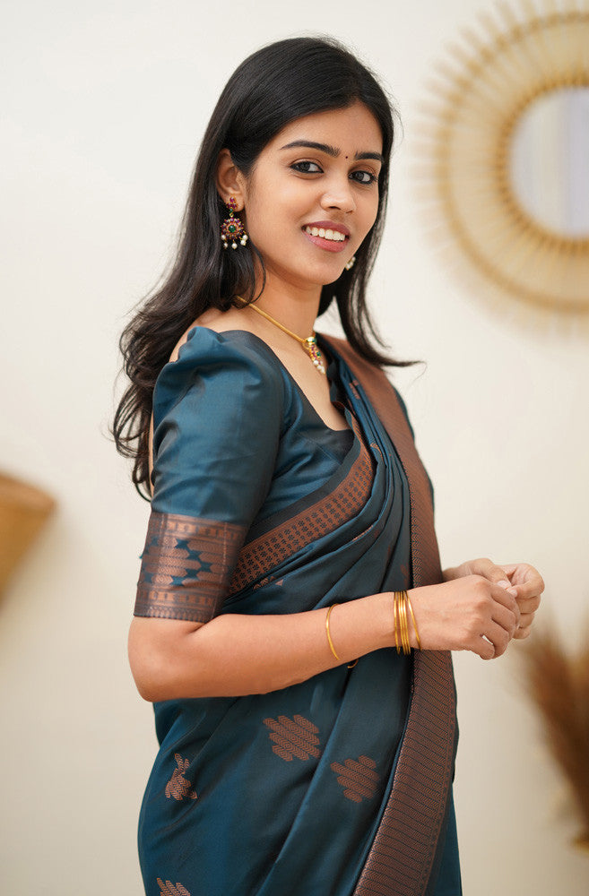 Prominent Rama Soft Silk Saree With Blissful Blouse Piece - Shop authentic Indian Women's Fashion by Silk Folks