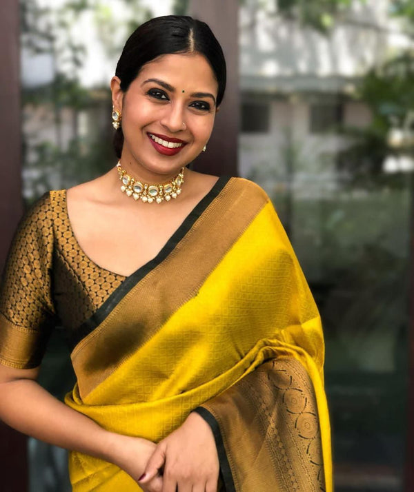Bucolic Yellow Soft Silk Saree With Gossamer Blouse Piece - Shop authentic Indian Women's Fashion by Silk Folks