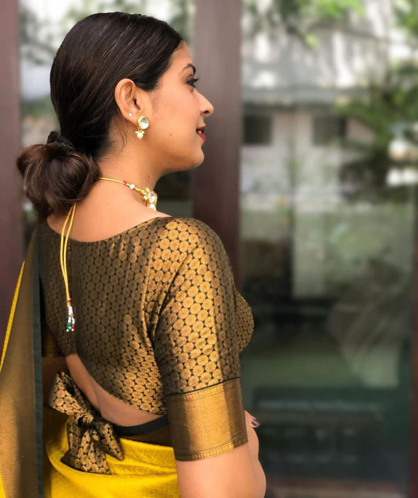 Moiety Yellow Soft Banarasi Silk Saree With Panoply Blouse Piece