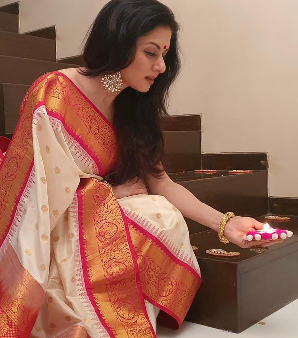 Marvellous Beige Soft Banarasi Silk Saree With Unique Blouse Piece - Shop authentic Indian Women's Fashion by Lajree