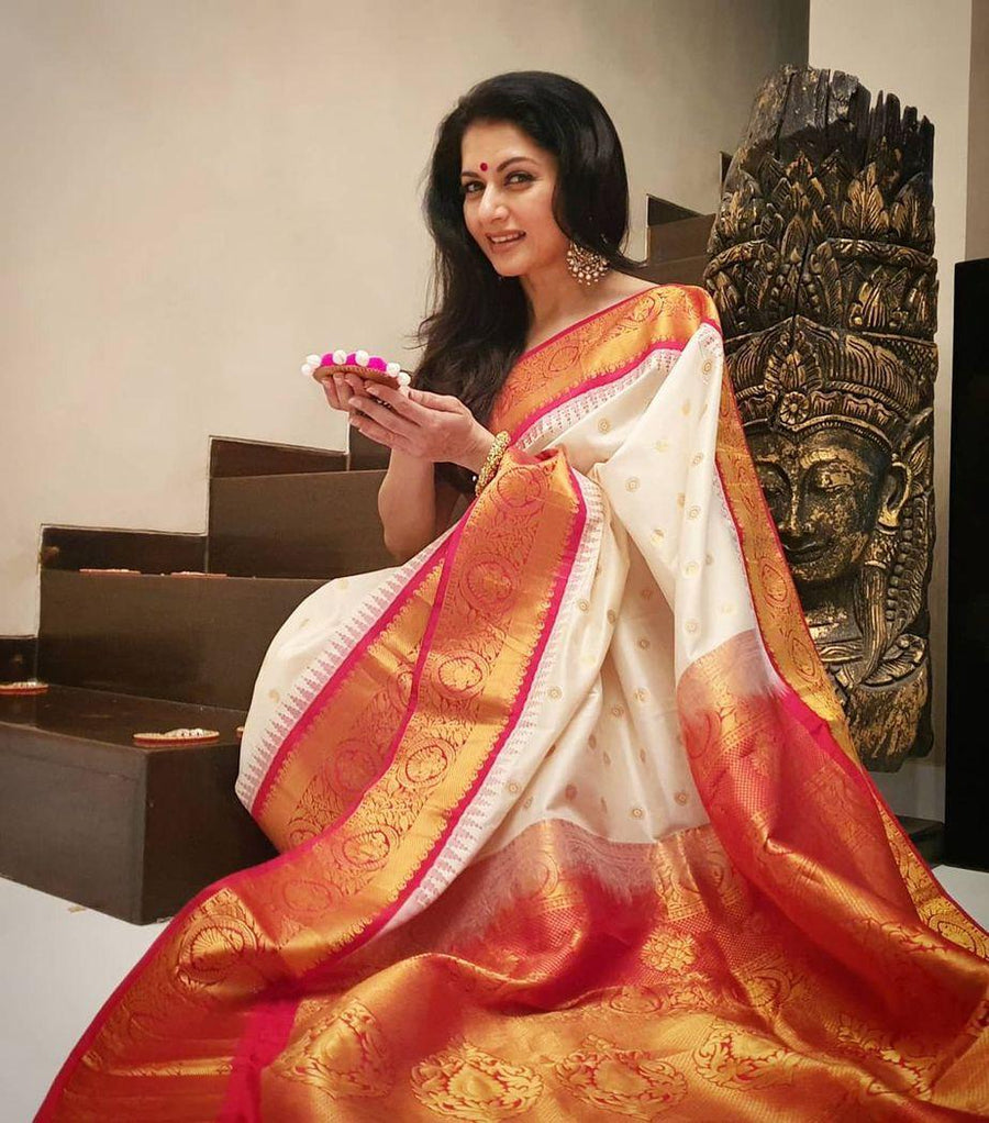 Marvellous Beige Soft Banarasi Silk Saree With Unique Blouse Piece - Shop authentic Indian Women's Fashion by Lajree