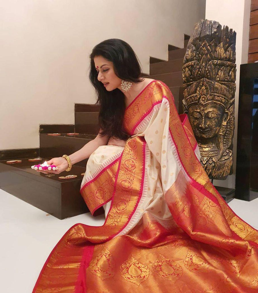 Marvellous Beige Soft Banarasi Silk Saree With Unique Blouse Piece - Shop authentic Indian Women's Fashion by Lajree