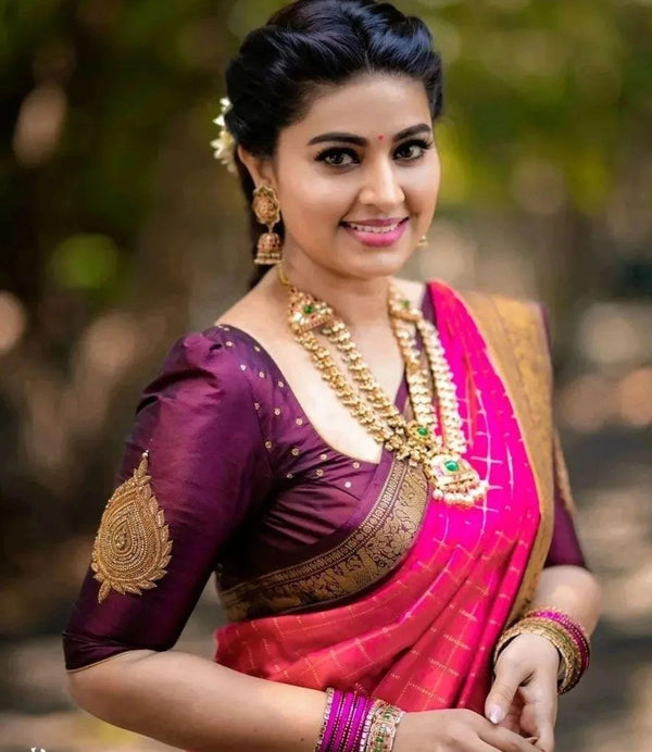 Snappy Pink Soft Silk Saree With Artistic Blouse Piece