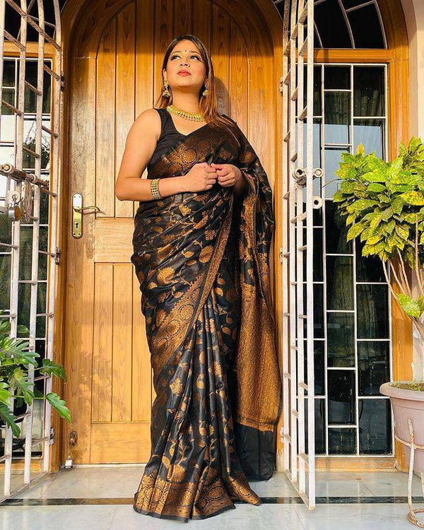 Amazing Black Soft Banarasi Silk Saree With Pretty Blouse Piece - Shop authentic Indian Women's Fashion by Lajree