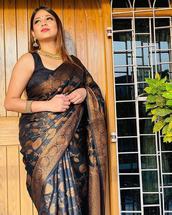 Amazing Black Soft Banarasi Silk Saree With Pretty Blouse Piece - Shop authentic Indian Women's Fashion by Lajree