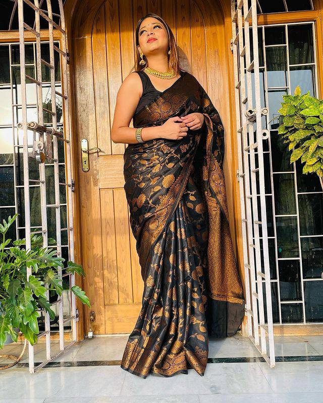 Amazing Black Soft Banarasi Silk Saree With Pretty Blouse Piece - Shop authentic Indian Women's Fashion by Lajree