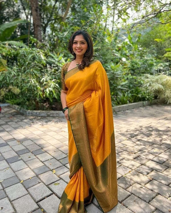Bewitching Yellow Soft Silk Saree with Lissome Blouse Piece - Shop authentic Indian Women's Fashion by Silk Folks