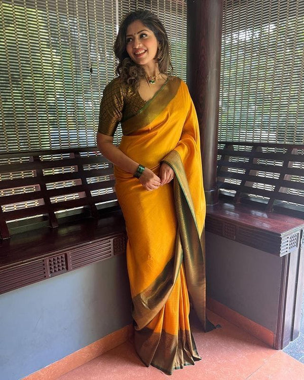 Dazzling Yellow Soft Silk Saree With Beautiful Blouse Piece