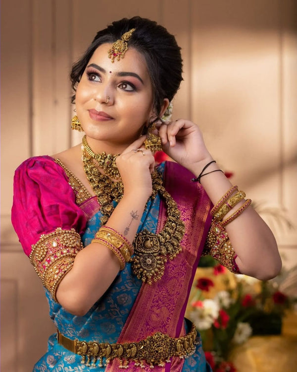 Staggering Firozi Soft Banarasi Silk Saree With Imaginative Blouse Piece