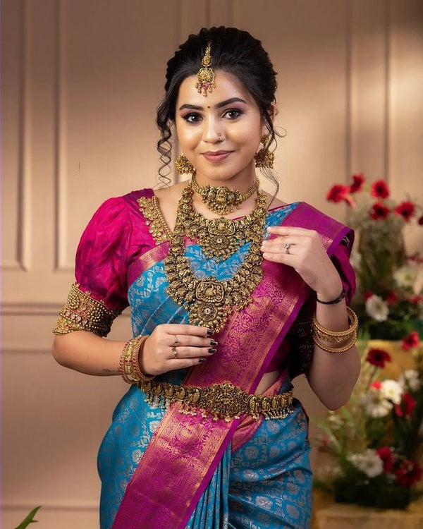 Staggering Firozi Soft Banarasi Silk Saree With Imaginative Blouse Piece