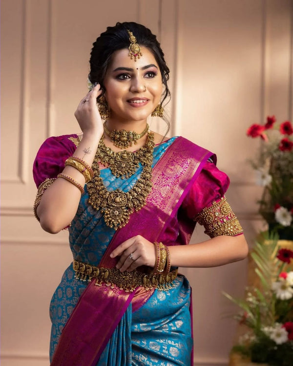 Staggering Firozi Soft Banarasi Silk Saree With Imaginative Blouse Piece