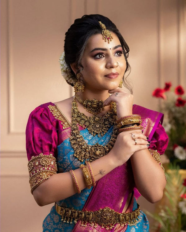 Desiring Firozi Soft Banarasi Silk Saree With Imaginative Blouse Piece - Shop authentic Indian Women's Fashion by Silk Folks