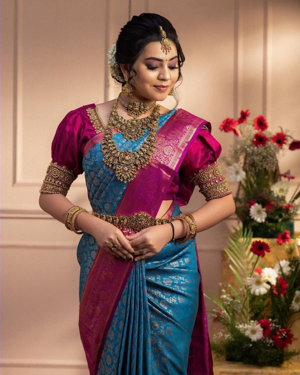 Staggering Firozi Soft Banarasi Silk Saree With Imaginative Blouse Piece