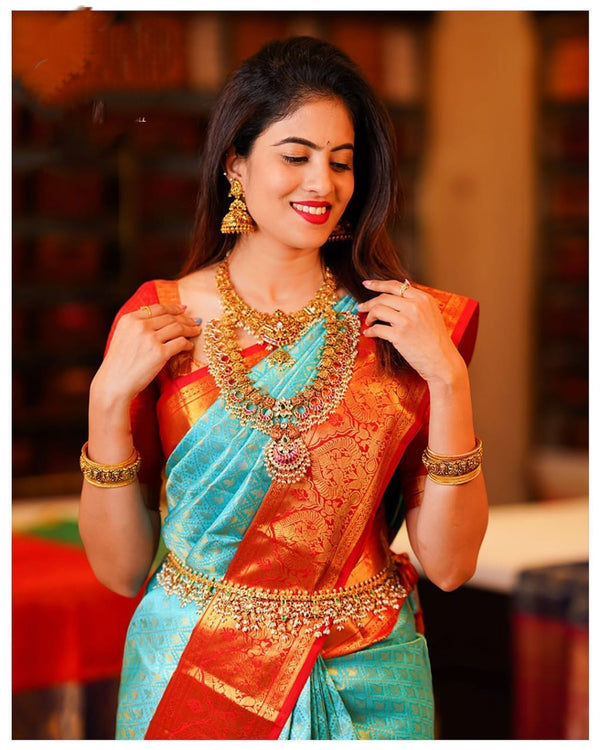 Gossamer Turquoise Soft Silk Saree With Propinquity Blouse Piece
