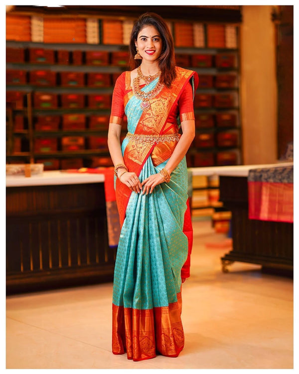 Gossamer Turquoise Soft Silk Saree With Propinquity Blouse Piece