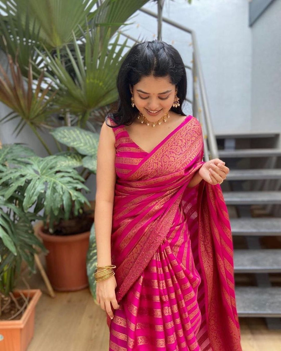 Glowing Pink Soft Silk Saree With Groovy Blouse Piece - Shop authentic Indian Women's Fashion by Silk Folks