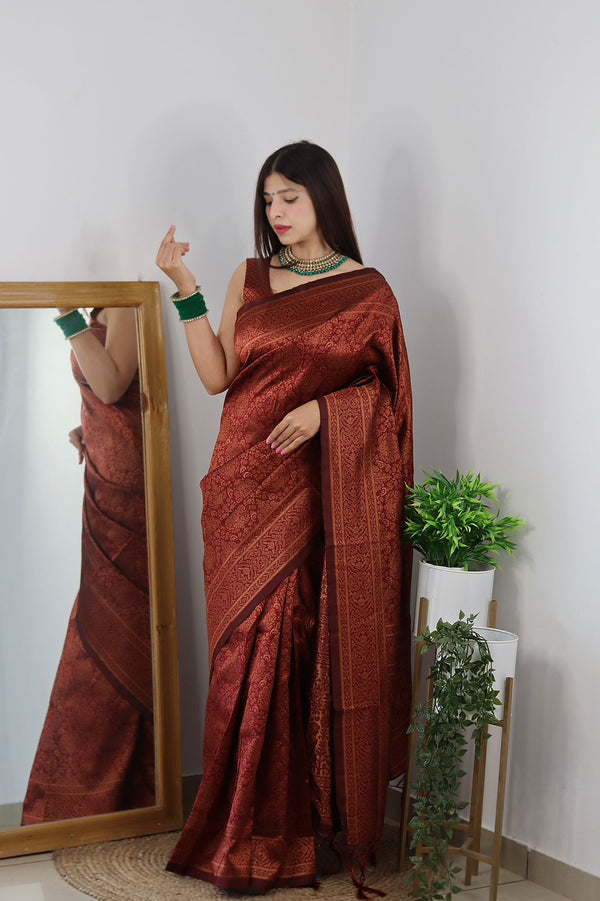 Ravishing Maroon Soft Silk Saree With Girlish Blouse Piece