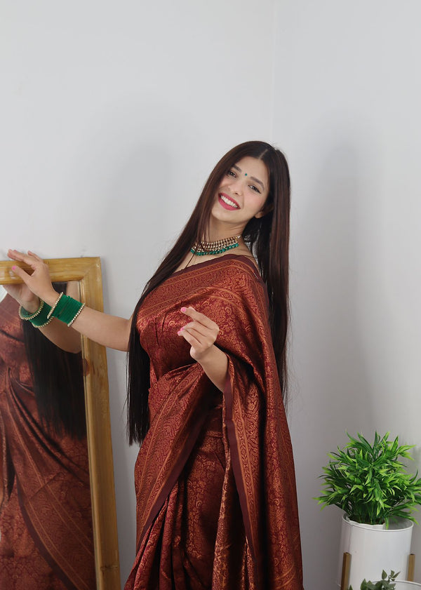 Ravishing Maroon Soft Silk Saree With Girlish Blouse Piece