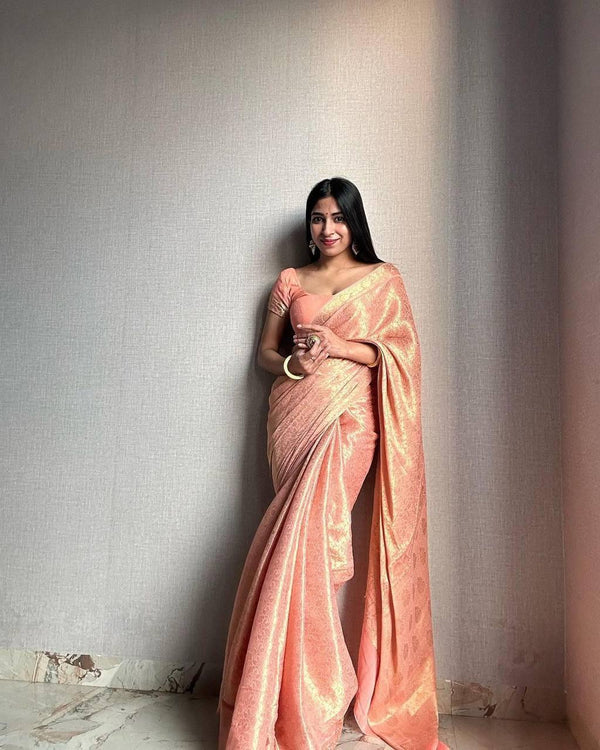 Bucolic Baby Pink Soft Silk Saree With Stunner Blouse Piece
