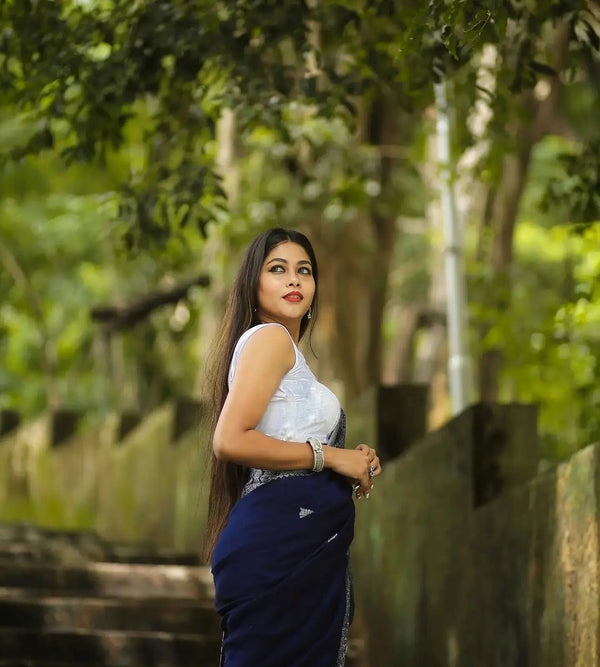 Engrossing Navy Blue Soft Silk Saree With Glowing Blouse Piece - Shop authentic Indian Women's Fashion by Silk Folks
