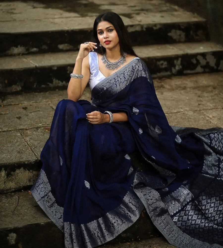 Engrossing Navy Blue Soft Silk Saree With Glowing Blouse Piece - Shop authentic Indian Women's Fashion by Silk Folks