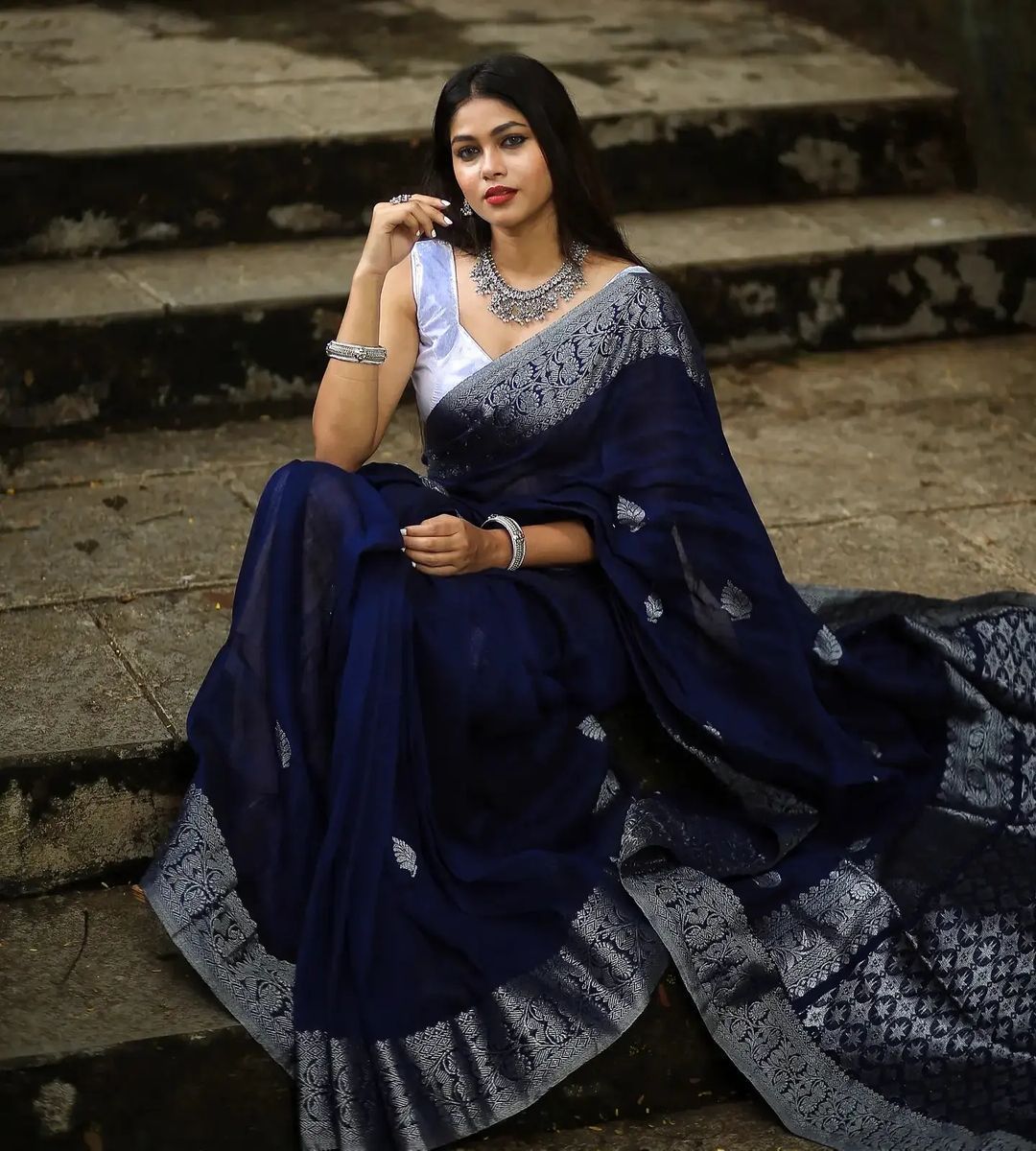 Engrossing Navy Blue Soft Silk Saree With Glowing Blouse Piece - Shop authentic Indian Women's Fashion by Silk Folks