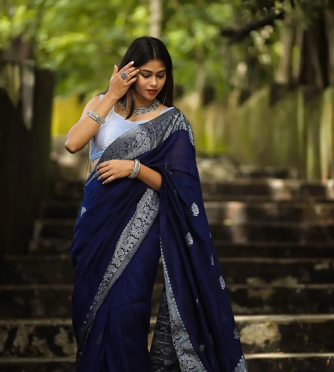 Engrossing Navy Blue Soft Silk Saree With Glowing Blouse Piece - Shop authentic Indian Women's Fashion by Silk Folks