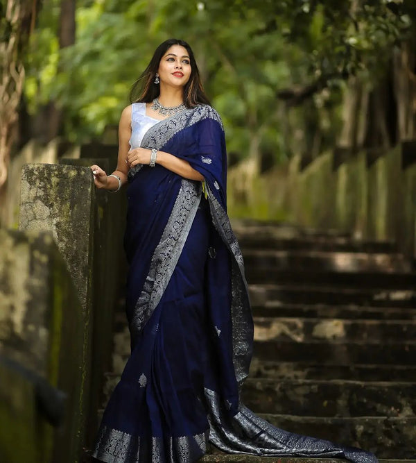 Engrossing Navy Blue Soft Silk Saree With Glowing Blouse Piece - Shop authentic Indian Women's Fashion by Silk Folks