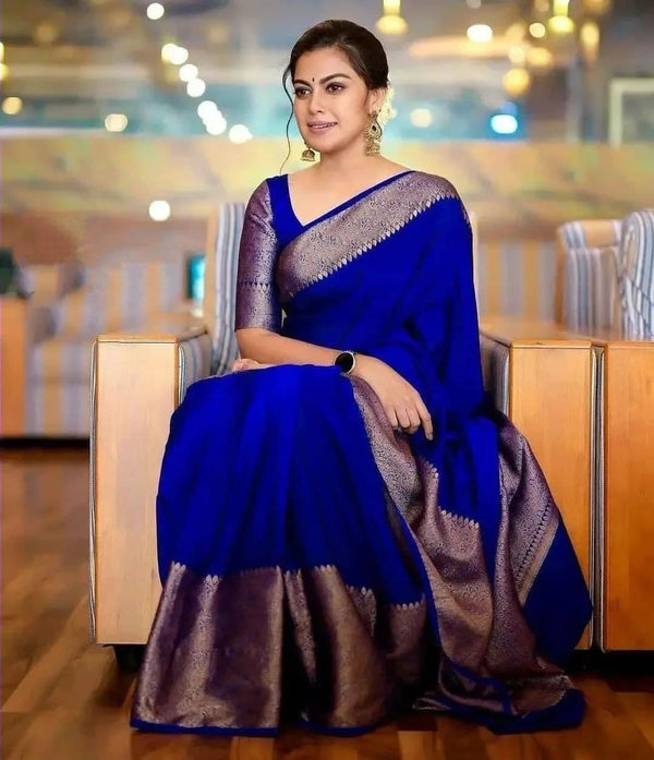 Ideal Royal Blue Soft Silk Saree With Bucolic Blouse Piece - Shop authentic Indian Women's Fashion by Silk Folks
