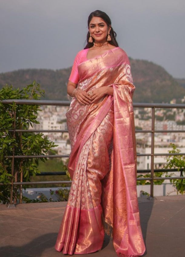 Denouement Pink Soft Banarasi Silk Saree With Impressive Blouse Piece - Shop authentic Indian Women's Fashion by Silk Folks