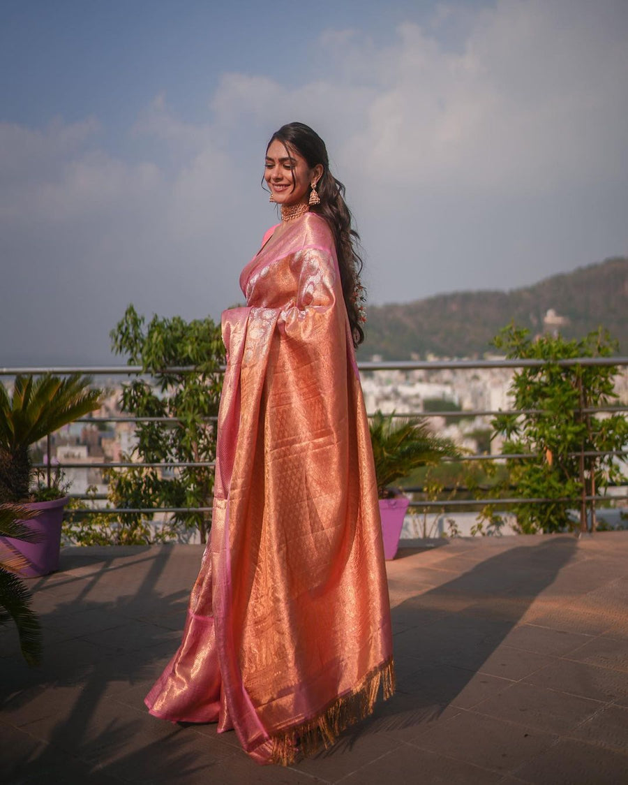 Attractive Pink Soft Banarasi Silk Saree With Impressive Blouse Piece - Shop authentic Indian Women's Fashion by Silk Folks